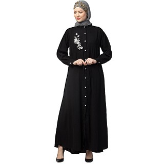 Front open Contrast embroidery abaya- Black
